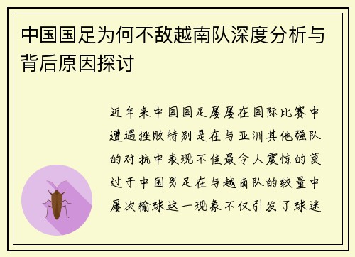 中国国足为何不敌越南队深度分析与背后原因探讨